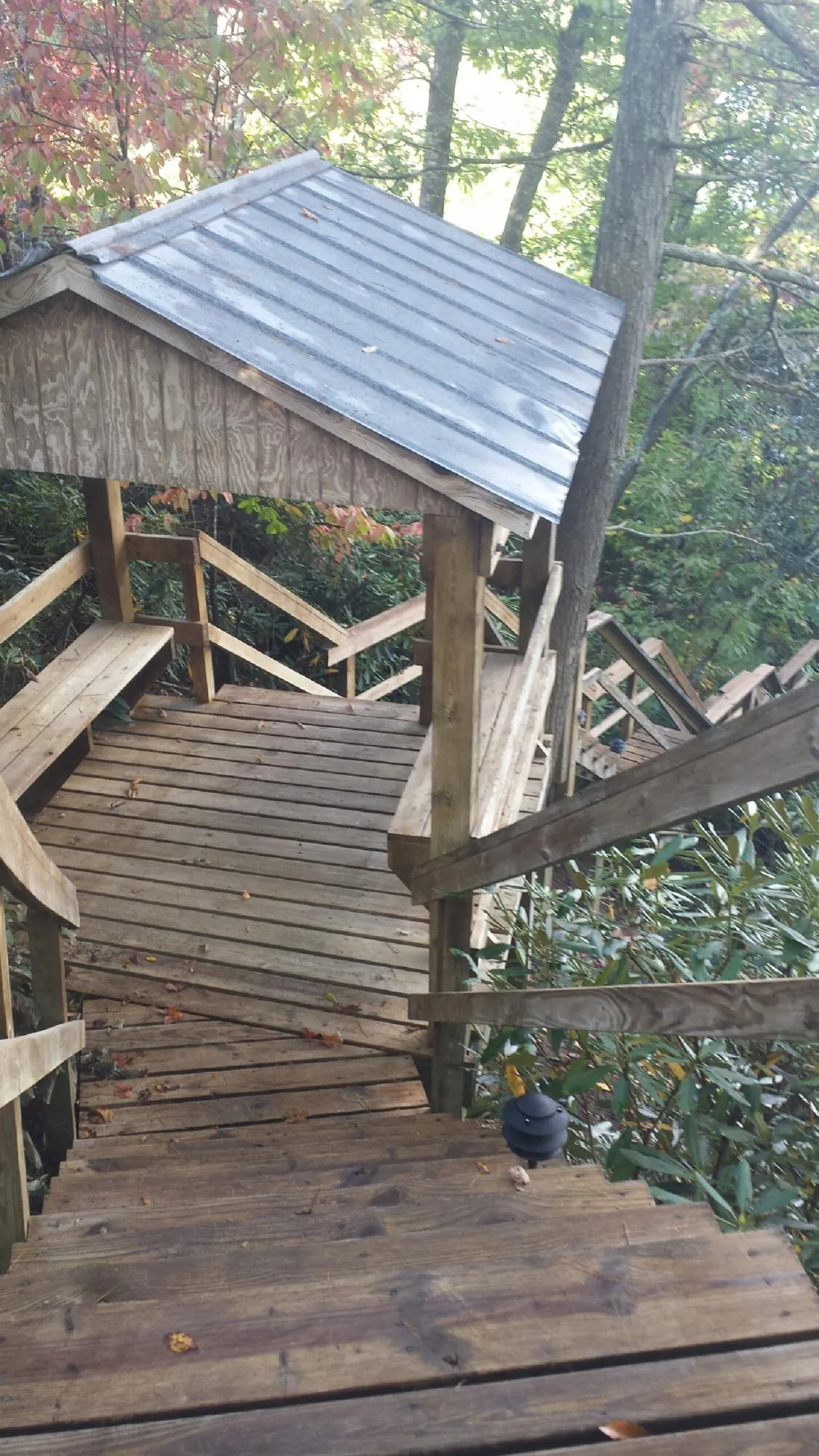 Metal roofed shelter over wooden steps on a wooded walkway — Skylight Repair & Installation work by our crew in Laketown